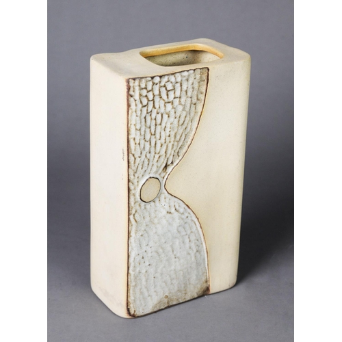 26 - ROGER VEAL FOR  TOLCARNE POTTERY, CARVED POTTERY VASE, of slab sided form, decorated with cut-away s... 