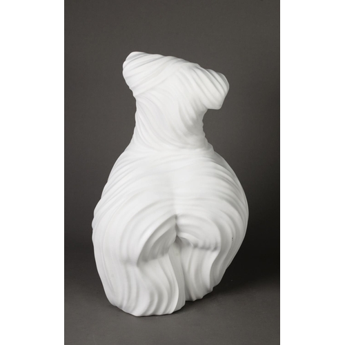 42 - MODERN ARTIST SIGNED STYLISED WHITE MOULDED COMPOSITION DRAPED FEMALE TORSO, 16 ¼” (41.3cm) high, in... 