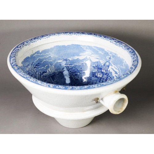 69 - VICTORIAN BLUE AND WHITE POTTERY TOILET OR WASH BASIN BOWL, of conical form with later plate attache... 