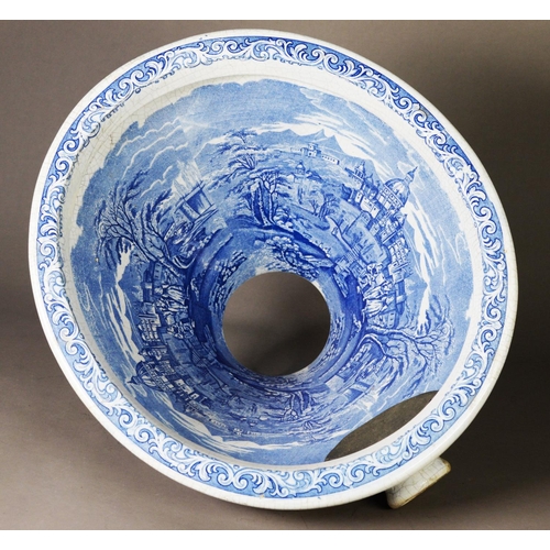 69 - VICTORIAN BLUE AND WHITE POTTERY TOILET OR WASH BASIN BOWL, of conical form with later plate attache... 