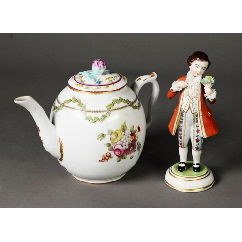 72 - TWENTIETH CENTURY DRESDEN PORCELAIN FIGURE OF A YOUNG GALLANT, painted in colours and gilt and with ... 