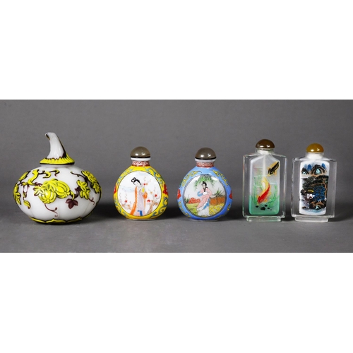 161 - FIVE MODERN ORIENTAL GLASS SCENT BOTTLES, comprising: a GOURD SHAPED CASED EXAMPLE, carved with a wi... 