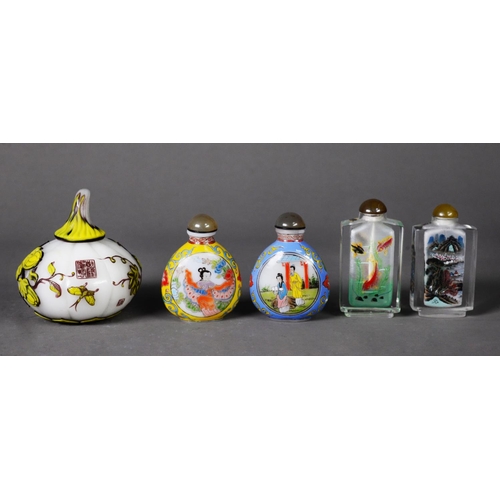 161 - FIVE MODERN ORIENTAL GLASS SCENT BOTTLES, comprising: a GOURD SHAPED CASED EXAMPLE, carved with a wi... 