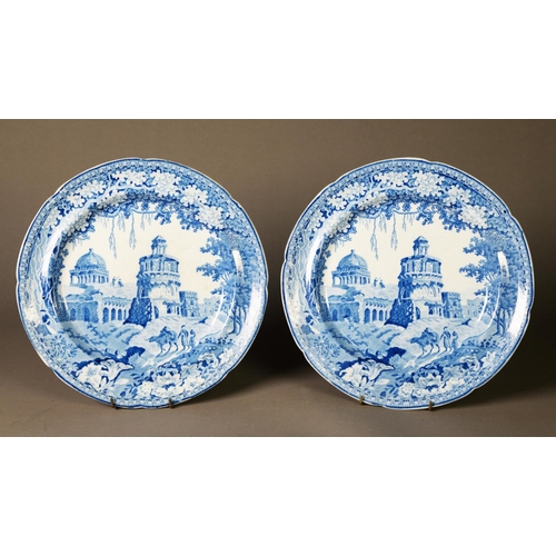 81 - A PAIR OF ROGERS BLUE AND WHITE PEARLWARE PLATES, decorated in the Monopteros pattern featuring the ... 