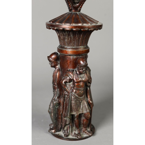 176 - TWENTIETH CENTURY PATINATED SPELTER FIGURAL AND CUT GLASS LAMP BASE, modelled with three standing kn... 