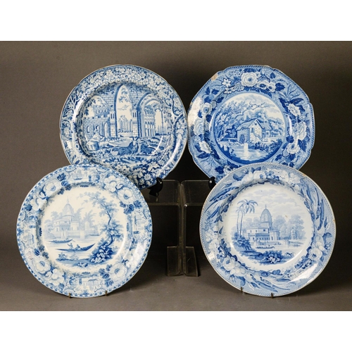 82 - A GROUP OF 18TH CENTURY AND LATER PEARLWARE PLATES, decorated with European and Indian landscapes in... 