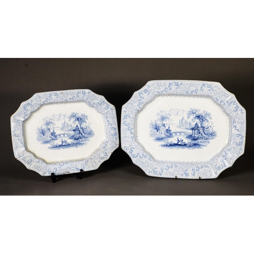 90 - A GRADUATED PAIR OF 19TH CENTURY AURORA PATTERN SERPENTINE MEAT PLATES, in powder blue with the cent... 