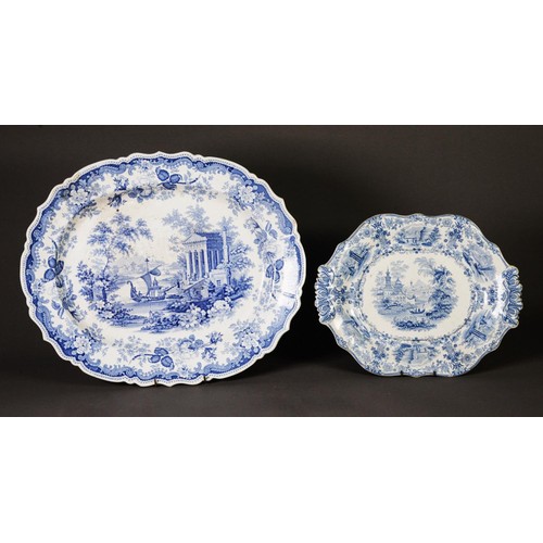 93 - A LARGE ROGERS BLUE AND WHITE OVAL SERPENTINE MEAT PLATE, in the Athens pattern, depicting ruins and... 