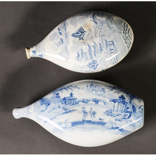 95 - TWO 19TH CENTURY BLUE & WHITE TRANSFER PRINTED POTTERY BABY FEEDER BOTTLES, or invalid feeders; ... 