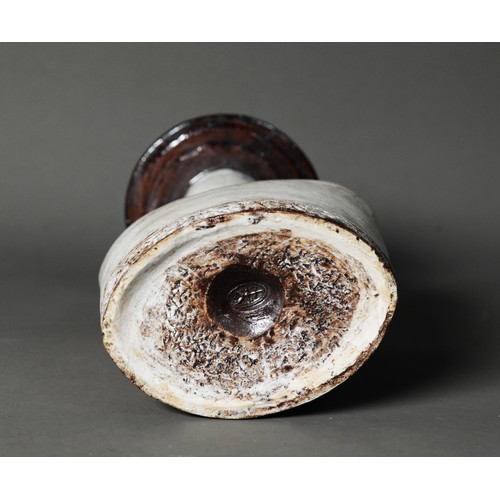 1 - HANS COPER DISC TOP STUDIO POTTERY VASE, glazed in matt white beneath a brown glazed top, decorated ... 