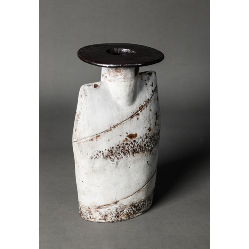 1 - HANS COPER DISC TOP STUDIO POTTERY VASE, glazed in matt white beneath a brown glazed top, decorated ... 