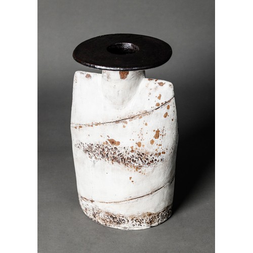 1 - HANS COPER DISC TOP STUDIO POTTERY VASE, glazed in matt white beneath a brown glazed top, decorated ... 