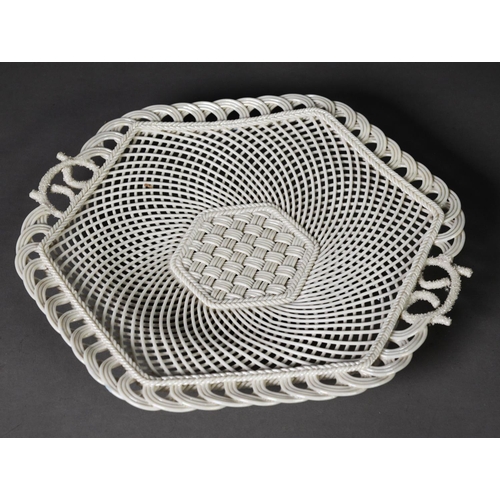 3 - BELLEEK PORCELAIN TWO HANDLED SERVING PLATE, of hexagonal form with ozier pattern panel to the woven... 