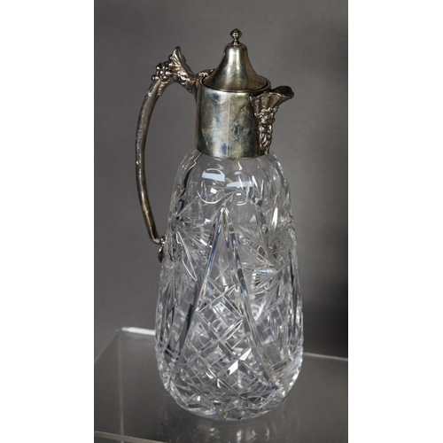 33 - GOOD QUALITY CUT GLASS CLARET JUG, with electroplate neck with satyr mask-head spout, hinged lid and... 