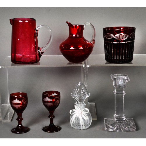 35 - VICTORIAN CRANBERRY GLASS MILK JUG; ruby glass BULBOUS JUG; pair of 19th Century ruby stained and vi... 