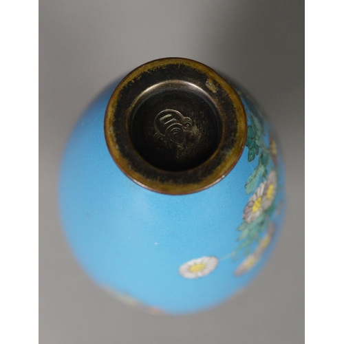 15 - MEIJI PERIDO SMALL OVULAR CLOISONNE VASE decorated with a flowering shrub on a sky blue ground, 4in ... 