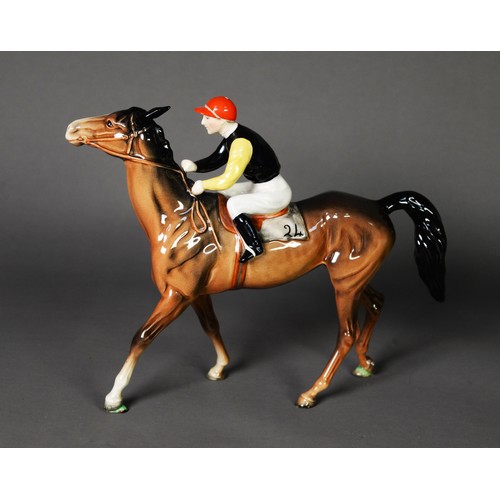 8 - BESWICK GLAZED CHINA BAY RACEHORSE with jockey up, in walking pose, 8 1/2in (21.5cm) high