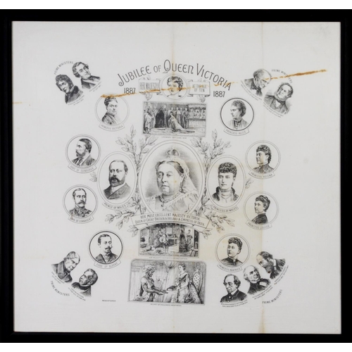 55 - BLACK AND WHITE PRINTED LINEN PANEL commemorating the Jubilee of Queen Victoria 1837 - 1887 with cen... 