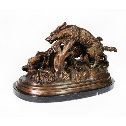 45 - AFTER P J MENE, TWENTIETH CENTURY CAST BRONZE MODEL OF TWO DOGS ATTACKING A WATERFOWL, bearing signa... 