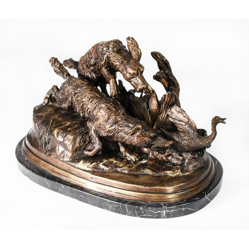 45 - AFTER P J MENE, TWENTIETH CENTURY CAST BRONZE MODEL OF TWO DOGS ATTACKING A WATERFOWL, bearing signa... 