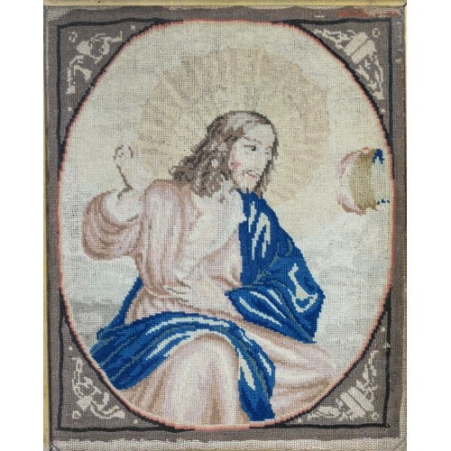 51 - TWO 19th CENTURY PICTORIAL NEEDLEWORK TAPESTRIES, Christ, in an oval reserve and Interior with Turki... 