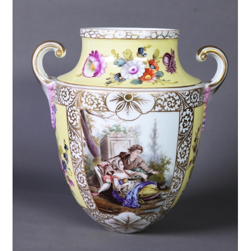 24 - LATE NINETEENTH CENTURY DRESDEN PORCELAIN TWO HANDLED PEDESTAL VASE AND COVER, of ovoid from with sc... 