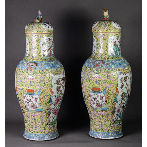 25 - PAIR OF TWENTIETH CENTURY CHINESE FAMILLE JAUNE PORCELAIN LARGE VASES AND COVERS, each of baluster f... 