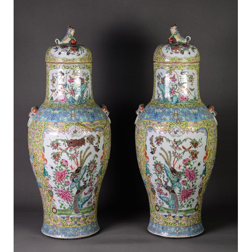 25 - PAIR OF TWENTIETH CENTURY CHINESE FAMILLE JAUNE PORCELAIN LARGE VASES AND COVERS, each of baluster f... 