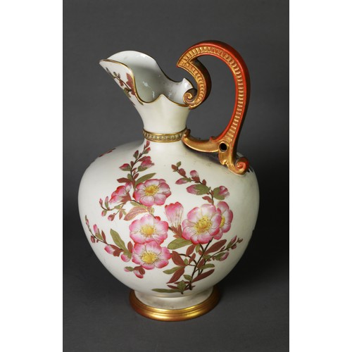 27 - LATE VICTORIAN ROYAL WORCESTER CHINA LARGE EWER, of footed form with moulded high scroll handle, pai... 