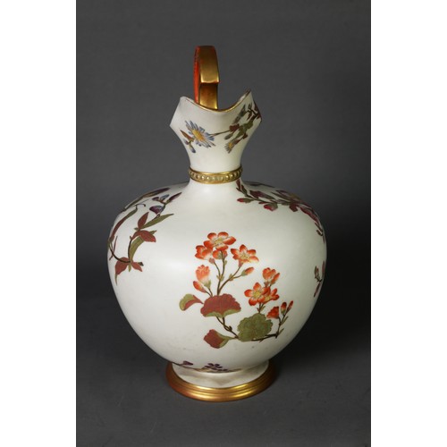 27 - LATE VICTORIAN ROYAL WORCESTER CHINA LARGE EWER, of footed form with moulded high scroll handle, pai... 