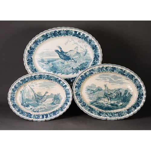 30 - SIXTY ONE PIECE VICTORIAN COPELAND BLUE AND WHITE POTTERY PART DINNER SERVICE, printed with wild fow... 