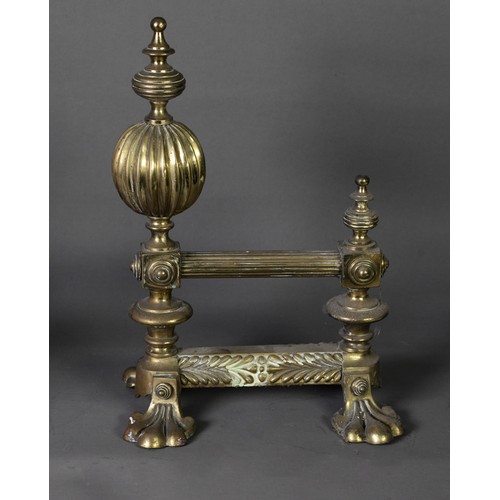 47 - PAIR OF LARGE AND HEAVY BRASS CHENET, each with a large lobed, globular finial and four paw feet, 15... 