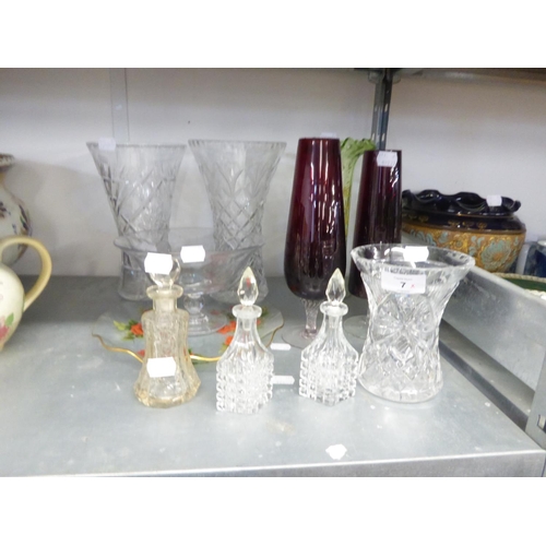 6 - MID TWENTIETH CENTURY RUBY GLASS VASES, LEAD CRYSTAL WAISTED VASES, PRESSED GLASS CRUET, TRUMPET VAS... 