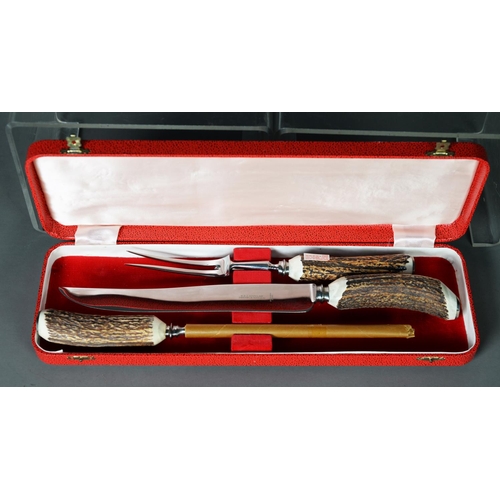 11 - SIPPEL LTD., SHEFFIELD, CARVING KNIFE, FORK AND STEEL, with buckhorn handles, in red morocco case (a... 