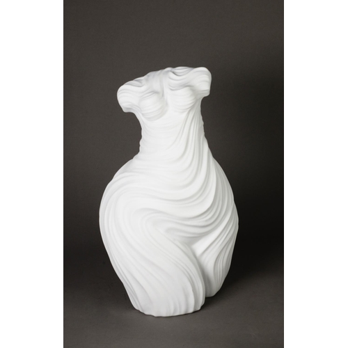 19 - MODERN ARTIST SIGNED STYLISED WHITE MOULDED COMPOSITION DRAPED FEMALE TORSO, 16 ¼” (41.3cm) high, in... 