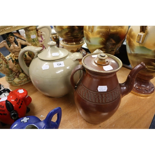 52 - NINETEENTH CENTURY SALT GLAZED POTTERY LARGE COFFEE POT AND COVER, and an OVERSIZED GREY POTTERY TEA... 