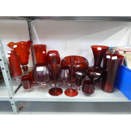 53 - COLLECTION OF RUBY GLASS VASES, BOWLS, CANDLESTICKS, GLASSES ETC....