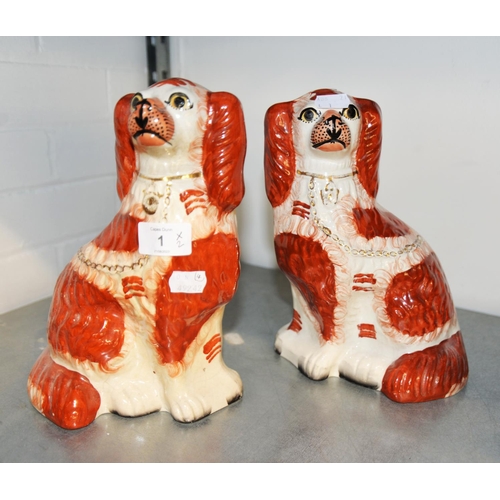 1 - LARGE PAIR OF STAFFORDSHIRE POTTERY MANTEL DOGS (2)