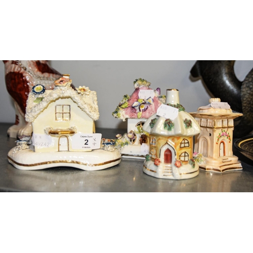 2 - STAFFORDSHIRE POTTERY PASTILLE BURNER, MODEL OF A HOUSE AND THREE OTHER PASTILLE BURNERS (4)