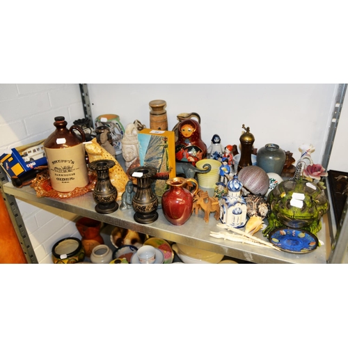 35 - SHEPPY'S FARMHOUSE CIDER STONEWARE FLAGON; A LARGE METAL, FROG SHAPE LAMP; CARNIVAL GLASS DISH; QUAN... 