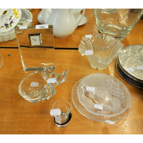 106 - WATERFORD JON ROCHA LEAD CRYSTAL CLOCK; GLASS MODEL OF AN ELEPHANT; 3 FROSTED GLASS ITEMS - A DISH A... 