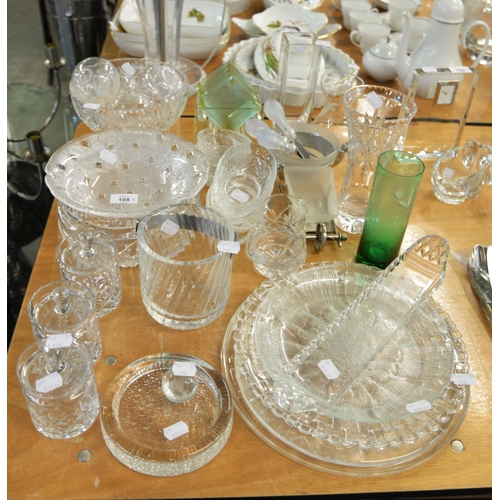 108 - QUANTITY OF CUT GLASS WARES, TO INCLUDE 3 BOWLS; 3 PRESERVES JARS; ASHTRAY; ICE BUCKET; NUT DISHES, ... 