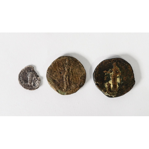 384 - ROMAN COINS: Group of three 2nd century coins including Antonius Pius 138-161 AD silver Denarius, ob... 