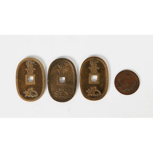 397 - JAPANESE COINAGE: Three 100 mon (1835-1870) Tempo Tsuho bronze oval coins, plus an 1877 1 yen coin [... 