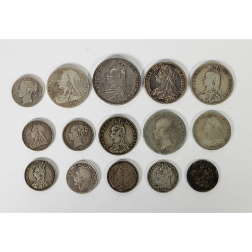 403 - BRITISH COINAGE: A collection of Victorian silver coinage including an 1887 jubilee crown, four half... 