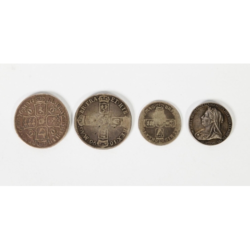 405 - BRITISH COINAGE: Charles II 1676 silver crown, William III 1696 silver crown, William III silver hal... 