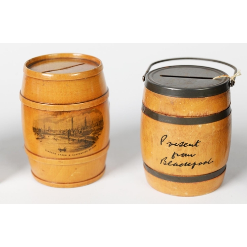 281 - MAUCHLINE WARE BARREL FORM MONEY BOX, with printed view 'Glasgow green and suspension bridge', 3 1/4... 