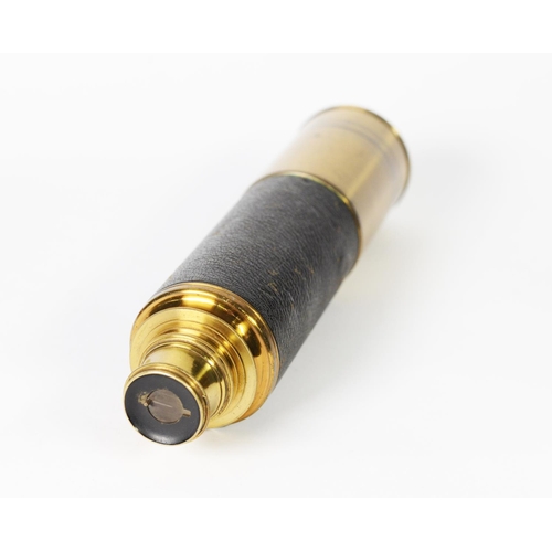 271 - UNBRANDED VINTAGE LACQUERED BRASS THREE DRAW TELESCOPE, the body with black textured leather hand gr... 