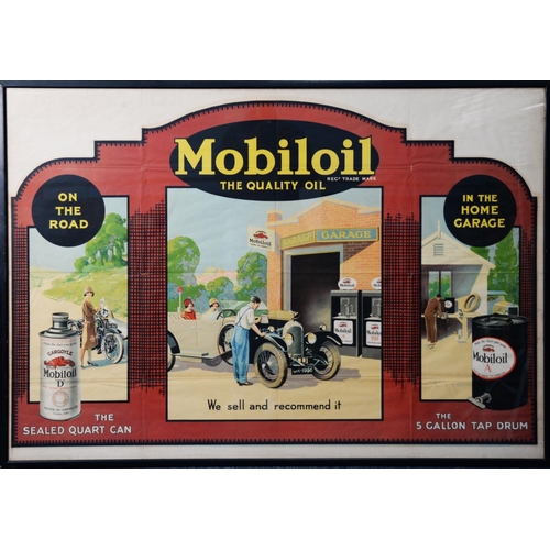 299 - AUTOMOBILIA: 1920s triptych Mobiloil poster with slogan ‘On the Road – In the Home Garage’ and featu... 