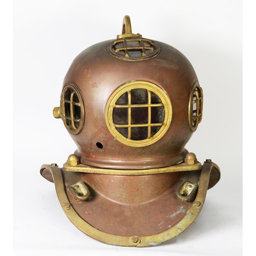 305 - REPRODUCTION: Late 20th century reproduction copper and brass mounted deep sea diver's helmet, 18